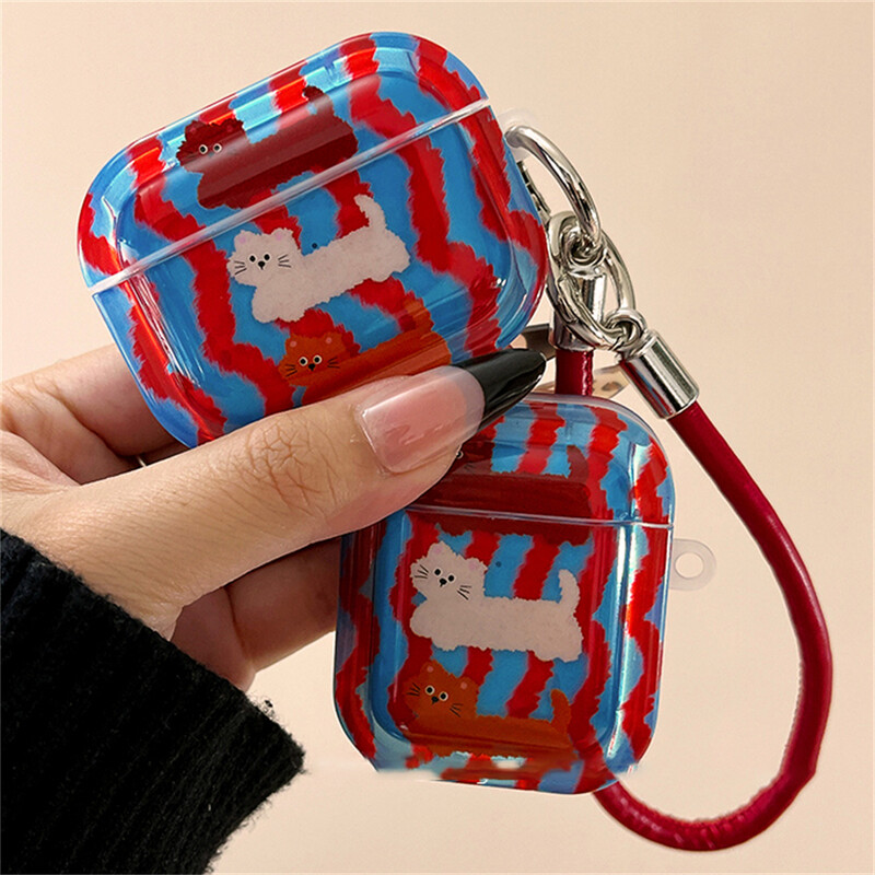 Slatki crtani valoviti uzorak, mačje slušalice, zaštitna školjka, meka navlaka za AirPods 1 2 3 4 s futrolom od užeta za ruke za AirPods Pro 2