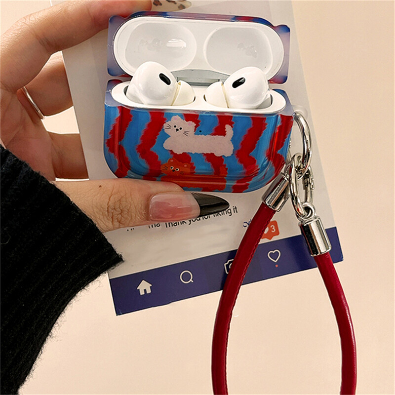 Slatki crtani valoviti uzorak, mačje slušalice, zaštitna školjka, meka navlaka za AirPods 1 2 3 4 s futrolom od užeta za ruke za AirPods Pro 2