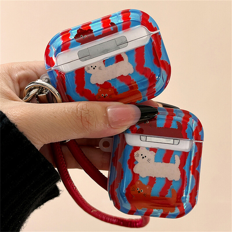 Slatki crtani valoviti uzorak, mačje slušalice, zaštitna školjka, meka navlaka za AirPods 1 2 3 4 s futrolom od užeta za ruke za AirPods Pro 2