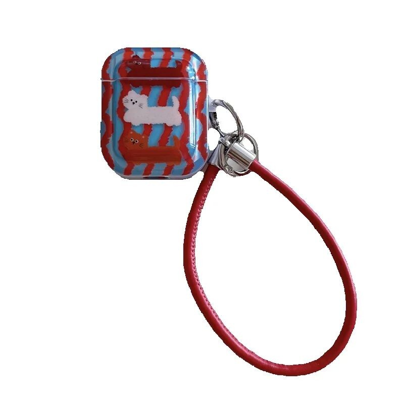 Slatki crtani valoviti uzorak, mačje slušalice, zaštitna školjka, meka navlaka za AirPods 1 2 3 4 s futrolom od užeta za ruke za AirPods Pro 2