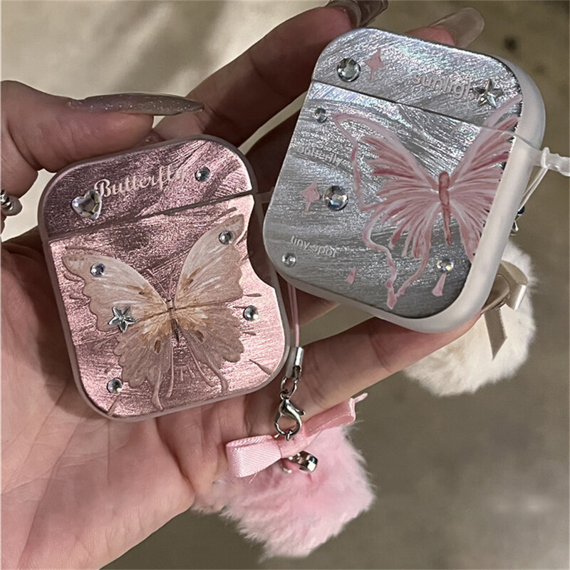 Сладка 3D бормашина Пеперуда галванопластика Слушалки Защитна обвивка Меко покритие за AirPods 1 2 3 Pro2 с висулка с топка коса