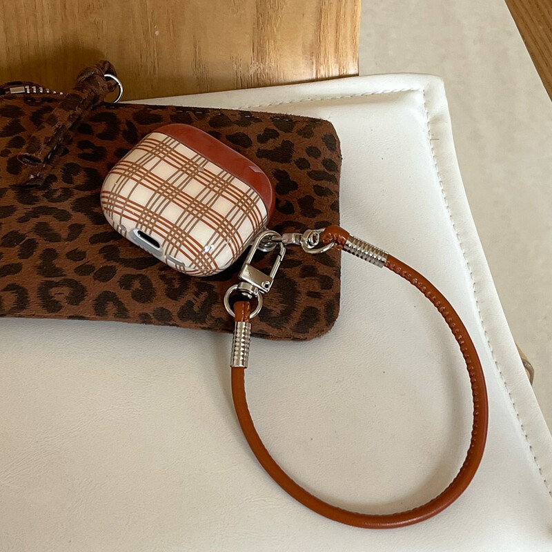 Korejska lijepa smeđa karirana mekana silikonska zaštitna torbica s kožnom uzicom za zaštitu od pada za airpods 1 2 3 4 pro 2 4. naslovnica