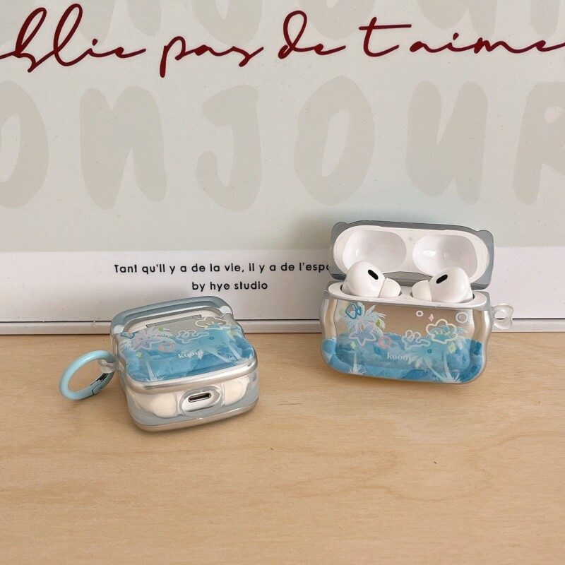 Калъф за слушалки с галванично покритие с вълнообразна шарка с кука, за Apple Airpods 2 Pro, Airpods 3, Airpods 4, Blue Sea Style, нов