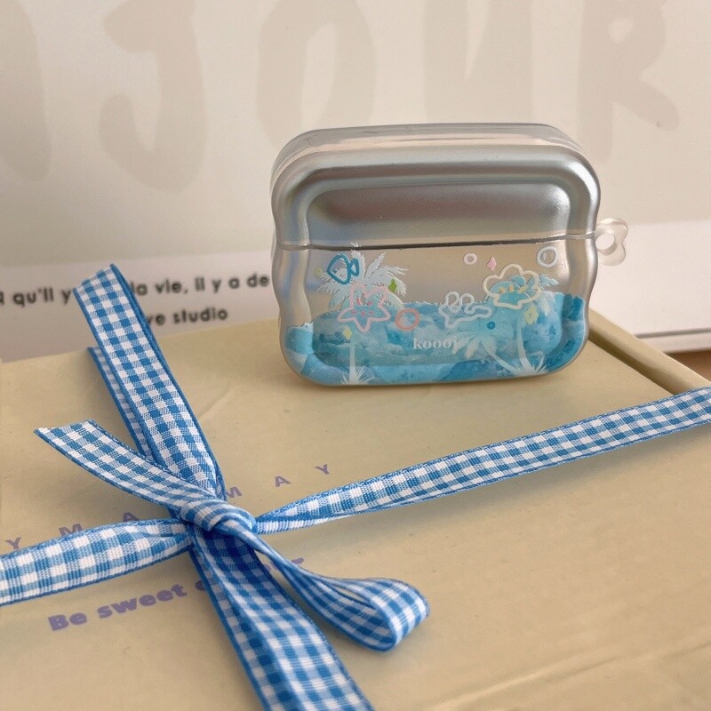 Калъф за слушалки с галванично покритие с вълнообразна шарка с кука, за Apple Airpods 2 Pro, Airpods 3, Airpods 4, Blue Sea Style, нов