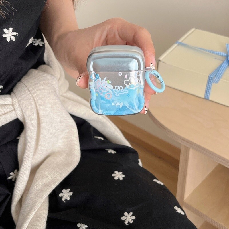 Калъф за слушалки с галванично покритие с вълнообразна шарка с кука, за Apple Airpods 2 Pro, Airpods 3, Airpods 4, Blue Sea Style, нов