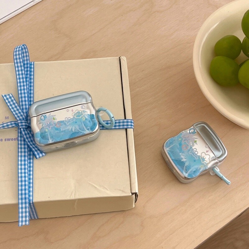 Калъф за слушалки с галванично покритие с вълнообразна шарка с кука, за Apple Airpods 2 Pro, Airpods 3, Airpods 4, Blue Sea Style, нов