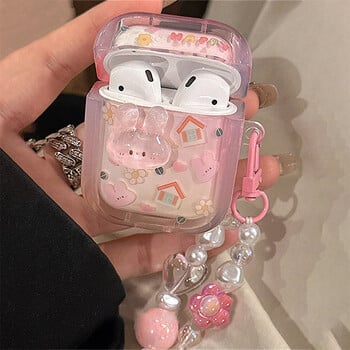 Χαριτωμένη θήκη ακουστικών 3D Rabbit για AirPods 1 2 3 With Love Heart Beads Κρεμαστό προστατευτικό κέλυφος μαλακό κάλυμμα για AirPods Pro 2