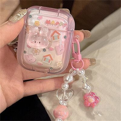 Aranyos 3D Rabbit fejhallgató tok AirPods 1 2 3 With Love Heart Beads Medálos védőhéj puha borítás AirPods Pro 2 készülékhez