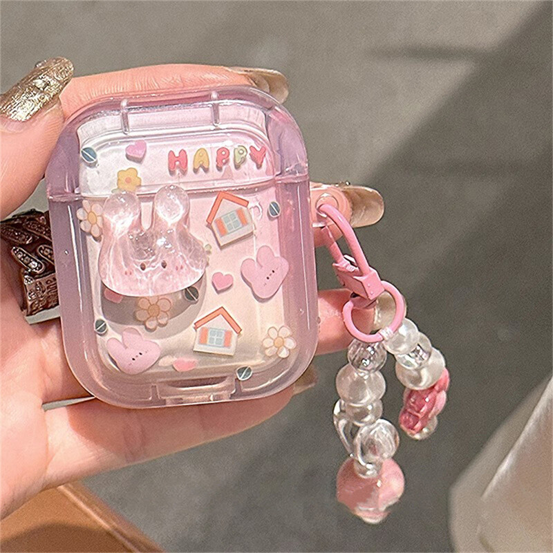 Slatka torbica za slušalice 3D zec za AirPods 1 2 3 s ljubavnim perlama u obliku srca, privjesak, zaštitna školjka, meka navlaka za AirPods Pro 2