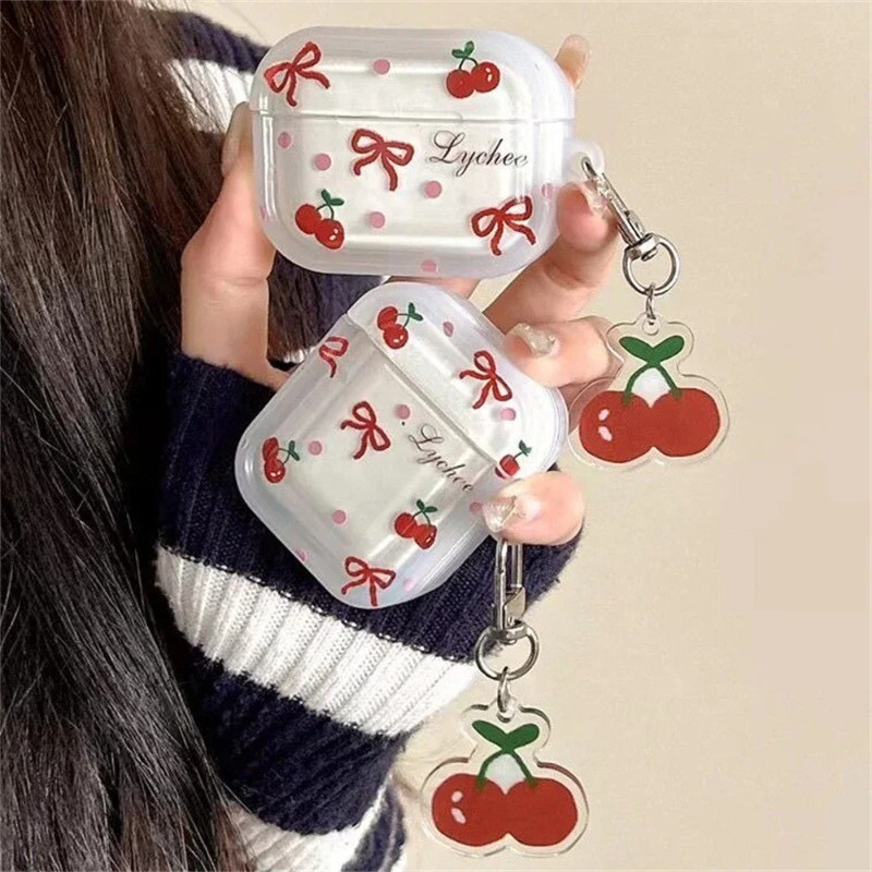 Κορεάτικη Cute Bow Cherry θήκη ακουστικών για Apple Airpods Pro 2 3 4 Κάλυμμα με Θήκες φόρτισης ακουστικών Charm Silicone για Airpods