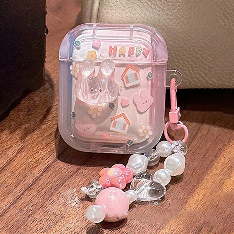 Slatka torbica za slušalice 3D zec za AirPods 1 2 3 s ljubavnim perlama u obliku srca, privjesak, zaštitna školjka, meka navlaka za AirPods Pro 2