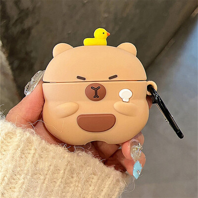 Kawaii Cute karikatūra 3D Capybara Duck mīksts silikona aizsargapvalks Airpods 1 2 3 Pro 2 ar atslēgu piekariņu austiņu uzlādes kastīti