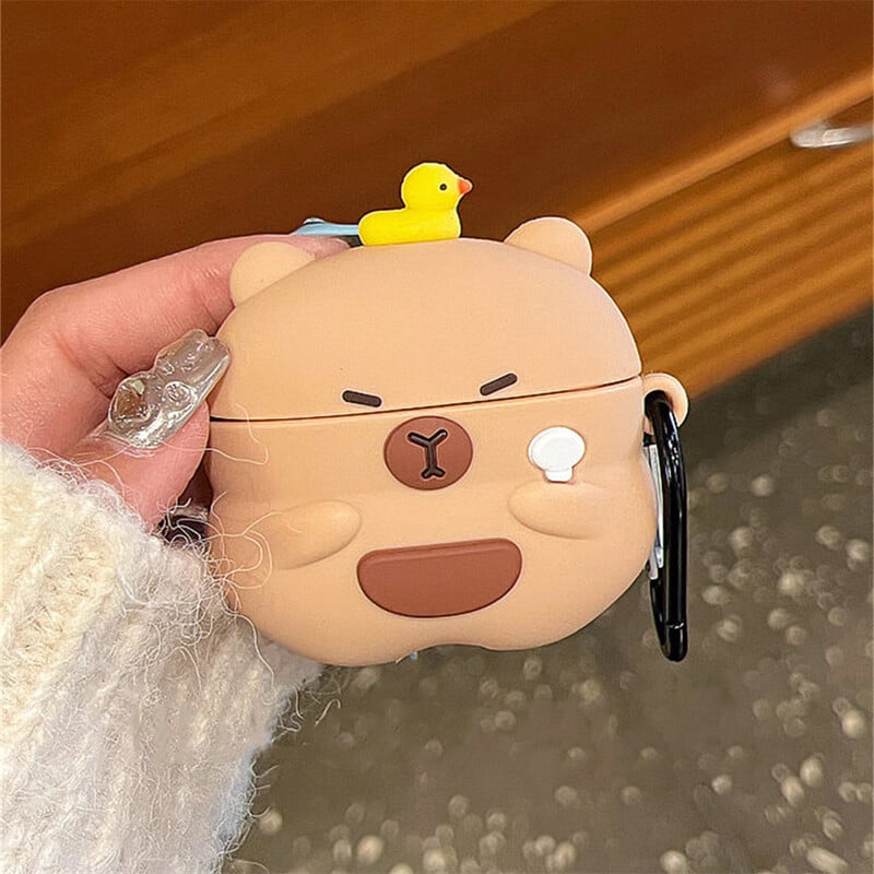 Kawaii Cute Cartoon 3D Capybara Duck Husă de protecție din silicon moale pentru Airpods 1 2 3 Pro 2 cu breloc cutie de încărcare pentru căști