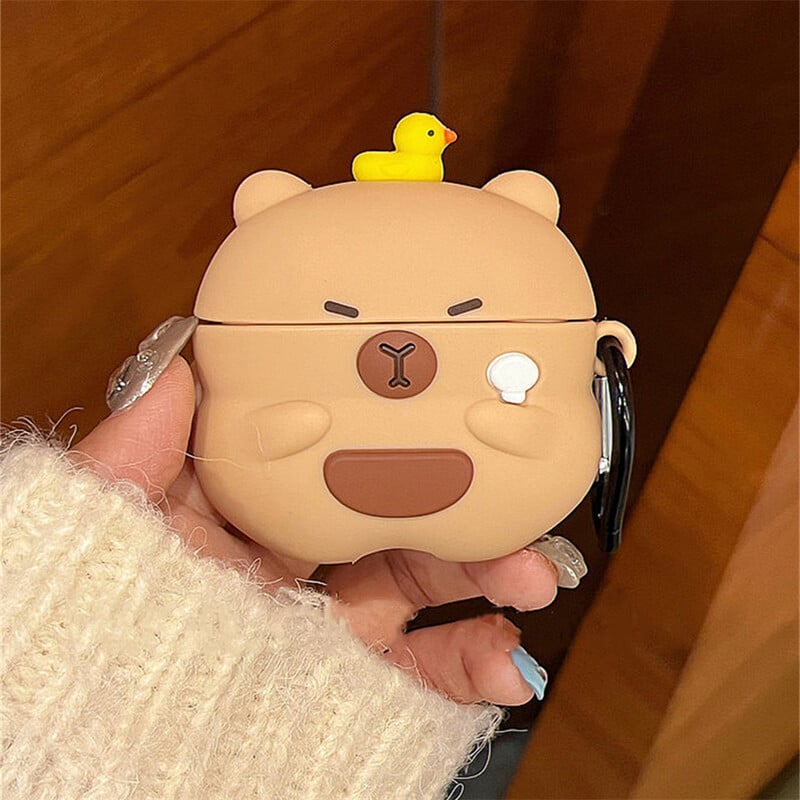 Kawaii Cute Cartoon 3D Capybara Duck Husă de protecție din silicon moale pentru Airpods 1 2 3 Pro 2 cu breloc cutie de încărcare pentru căști