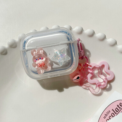 Калъф за слушалки Crystal Cute Rabbit Stars Ornament Keychain за Apple AirPods 4 Pro 1 2 3 Луксозен прозрачен защитен капак