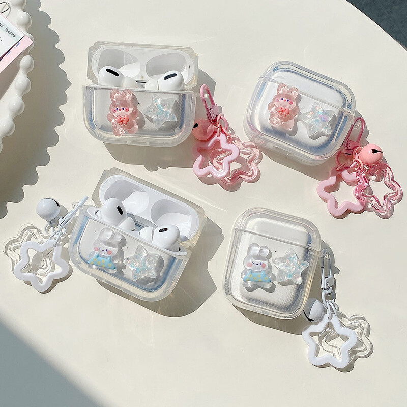 Калъф за слушалки Crystal Cute Rabbit Stars Ornament Keychain за Apple AirPods 4 Pro 1 2 3 Луксозен прозрачен защитен капак