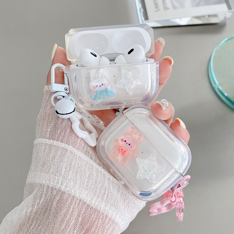 Калъф за слушалки Crystal Cute Rabbit Stars Ornament Keychain за Apple AirPods 4 Pro 1 2 3 Луксозен прозрачен защитен капак