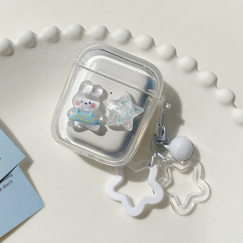Калъф за слушалки Crystal Cute Rabbit Stars Ornament Keychain за Apple AirPods 4 Pro 1 2 3 Луксозен прозрачен защитен капак
