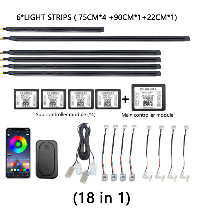 Paslėptas viso automobilio aplinkos apšvietimas Universali belaidė APP Dvigubo valdymo salono aplinkos šviesos spalvos LED dekoratyvinė šviesa