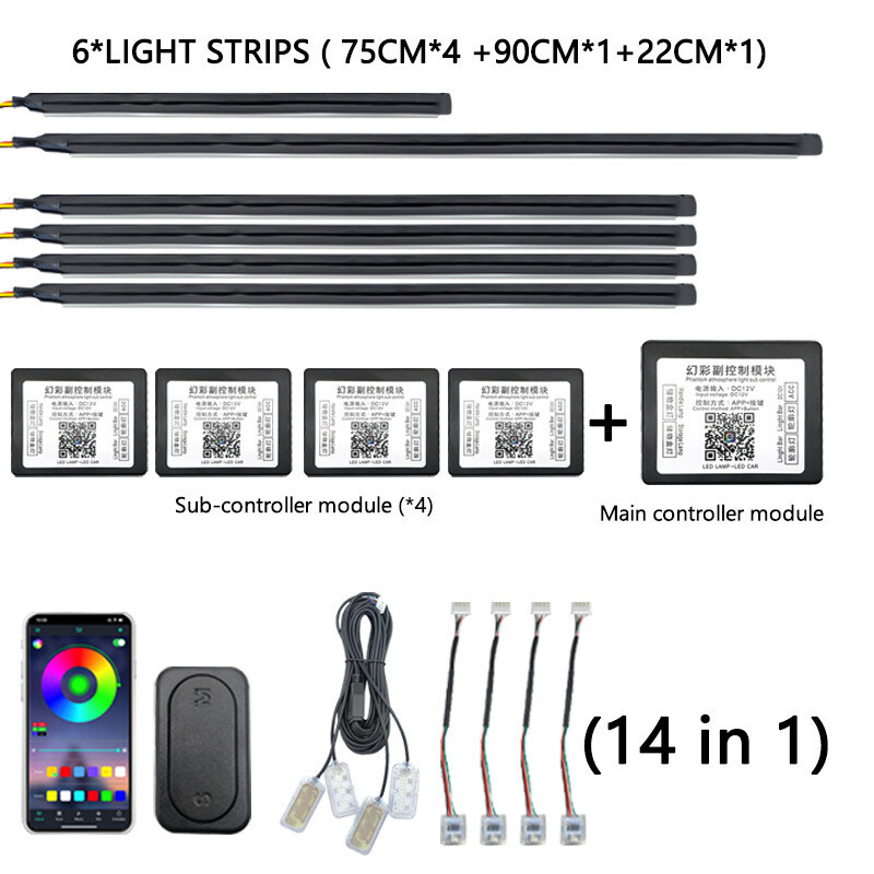 Paslėptas viso automobilio aplinkos apšvietimas Universali belaidė APP Dvigubo valdymo salono aplinkos šviesos spalvos LED dekoratyvinė šviesa