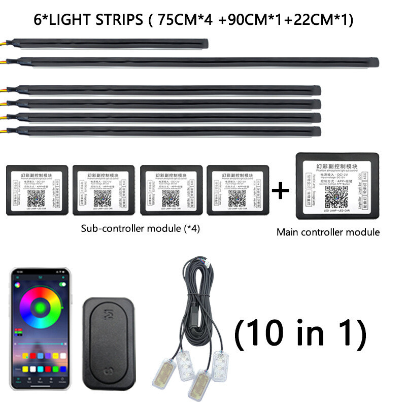Paslėptas viso automobilio aplinkos apšvietimas Universali belaidė APP Dvigubo valdymo salono aplinkos šviesos spalvos LED dekoratyvinė šviesa