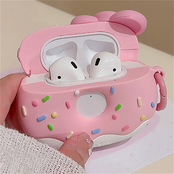 Θήκη ακουστικών σιλικόνης Kawaii Cute Pink Donut Bow για Airpods 1 2 3 με προστατευτικό μαλακό κάλυμμα Kerchain για Airpods Pro 2