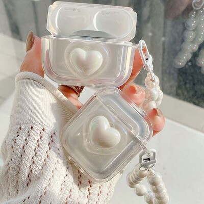 Απλή θήκη ακουστικών Laser Pearl Heart για AirPods 2 Pro 3 Generation Headset Charging Box Protect Cover for Air Pods Keychain