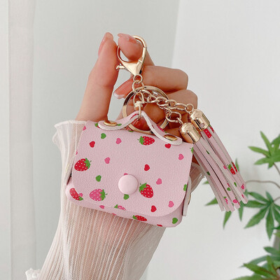 Dėklas, skirtas Airpods Pro 2 3 mielas odinis krepšys, gėlių braškių širdis, įkrovimo dėžutės dangtelis, minkštas ausinių dėklas su kutais raktų pakabu