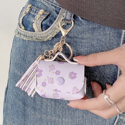 Dėklas, skirtas Airpods Pro 2 3 mielas odinis krepšys, gėlių braškių širdis, įkrovimo dėžutės dangtelis, minkštas ausinių dėklas su kutais raktų pakabu