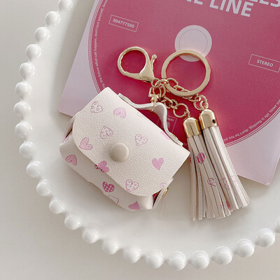 Dėklas, skirtas Airpods Pro 2 3 mielas odinis krepšys, gėlių braškių širdis, įkrovimo dėžutės dangtelis, minkštas ausinių dėklas su kutais raktų pakabu