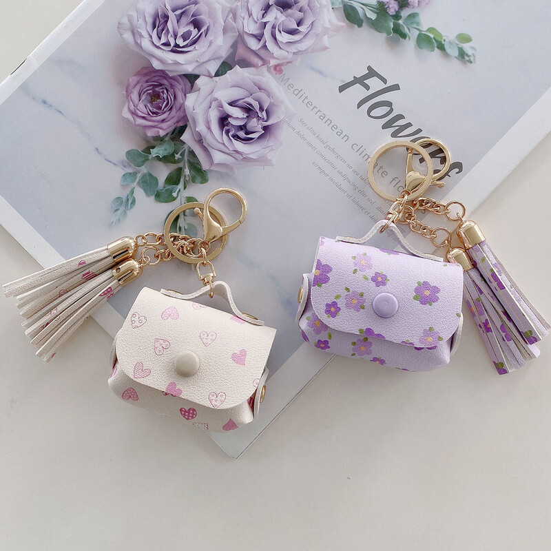 Dėklas, skirtas Airpods Pro 2 3 mielas odinis krepšys, gėlių braškių širdis, įkrovimo dėžutės dangtelis, minkštas ausinių dėklas su kutais raktų pakabu