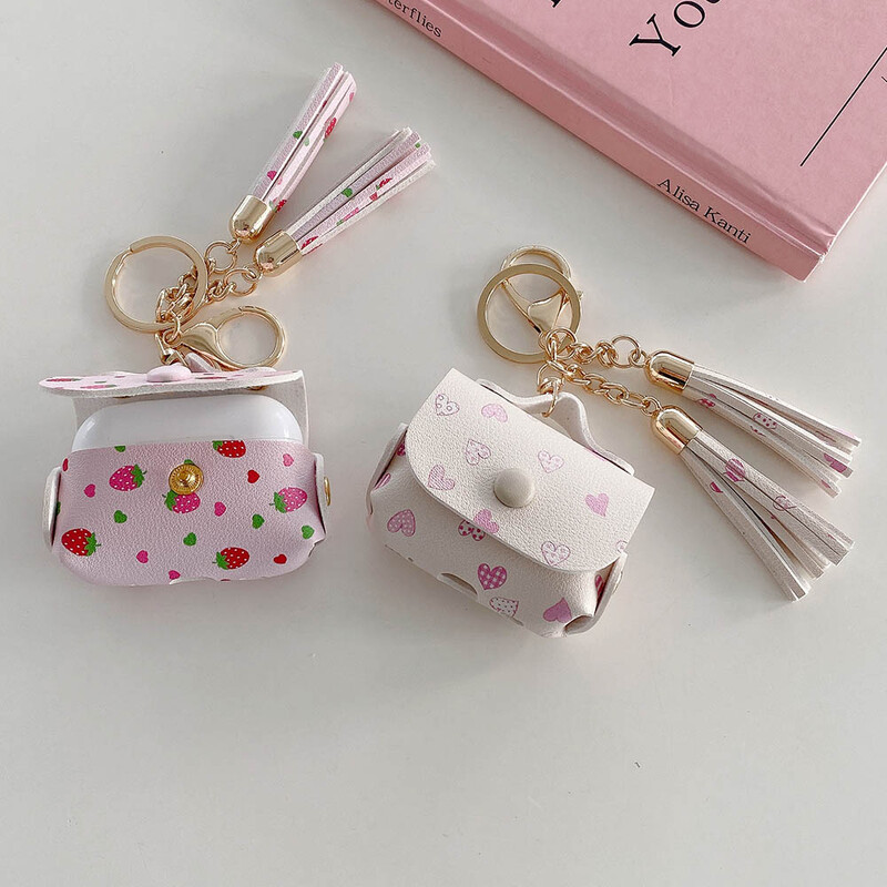 Dėklas, skirtas Airpods Pro 2 3 mielas odinis krepšys, gėlių braškių širdis, įkrovimo dėžutės dangtelis, minkštas ausinių dėklas su kutais raktų pakabu