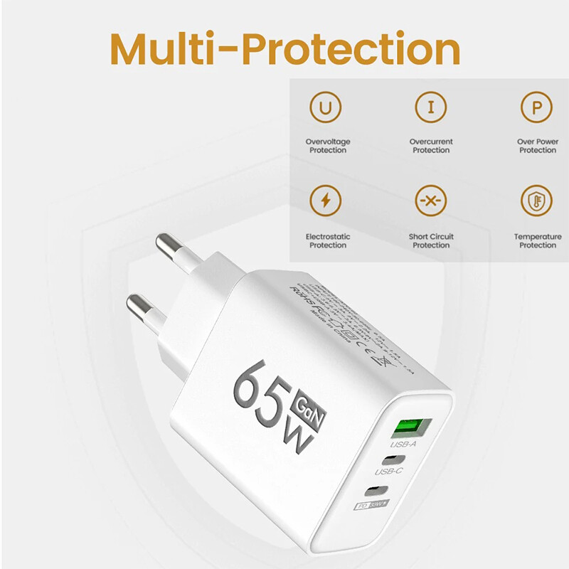 GaN greito įkrovimo 65 W USB tipo C įkroviklis EU KR PD 3.0 greito įkrovimo sienelė telefono adapteriui, skirta iPhone 15 Xiaomi Huawei Samsung