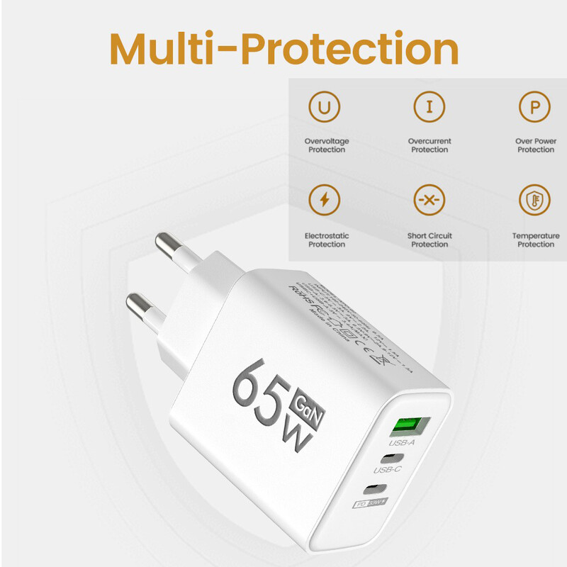 65W GaN punjač USB PD Tip C Brzo punjenje 3 porta Adapter za telefon QC3.0 Za iPhone 15 Pro Max Samsung Galaxy S23 Xiaomi Huawei
