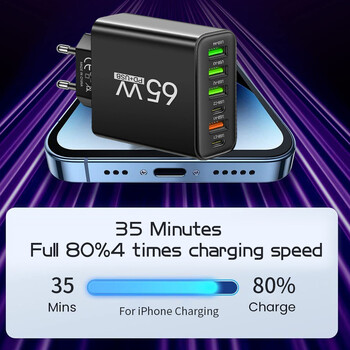 Total 65W USB C Charger Muti 6 Ports Fast Charging QC3.0 Type C Стенен адаптер за мобилен телефон за iPhone 15 Pro Max Xiaomi Samsung