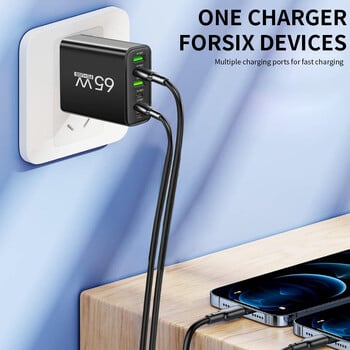 Total 65W USB C Charger Muti 6 Ports Fast Charging QC3.0 Type C Стенен адаптер за мобилен телефон за iPhone 15 Pro Max Xiaomi Samsung