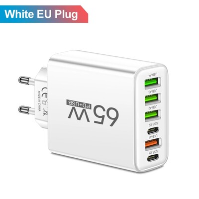 Ukupno 65W USB C punjač Muti 6 priključaka brzo punjenje QC3.0 tip C zidni adapter za mobilni telefon za iPhone 15 Pro Max Xiaomi Samsung