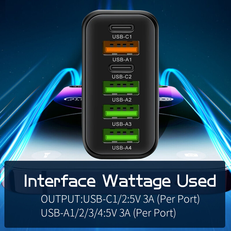 Ukupno 65W USB C punjač Muti 6 priključaka brzo punjenje QC3.0 tip C zidni adapter za mobilni telefon za iPhone 15 Pro Max Xiaomi Samsung