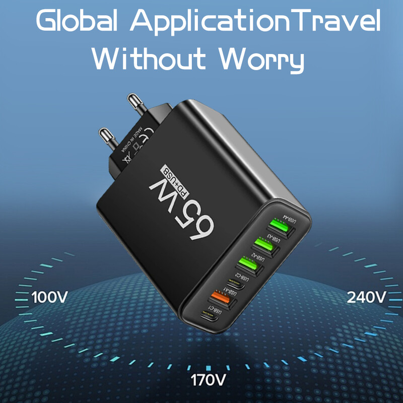 Ukupno 65W USB C punjač Muti 6 priključaka brzo punjenje QC3.0 tip C zidni adapter za mobilni telefon za iPhone 15 Pro Max Xiaomi Samsung