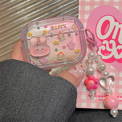 Корейски сладък 3D розов калъф за слушалки с заек за Airpods 1 2 3 с висулка с цветни мъниста Защитен калъф за Airpods Pro 2