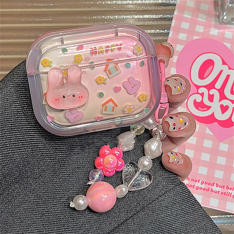 Корейски сладък 3D розов калъф за слушалки с заек за Airpods 1 2 3 с висулка с цветни мъниста Защитен калъф за Airpods Pro 2