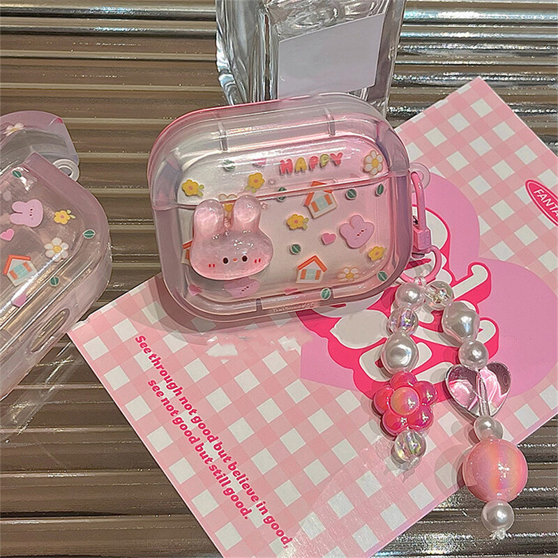 Корейски сладък 3D розов калъф за слушалки с заек за Airpods 1 2 3 с висулка с цветни мъниста Защитен калъф за Airpods Pro 2