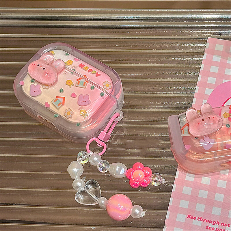 Корейски сладък 3D розов калъф за слушалки с заек за Airpods 1 2 3 с висулка с цветни мъниста Защитен калъф за Airpods Pro 2