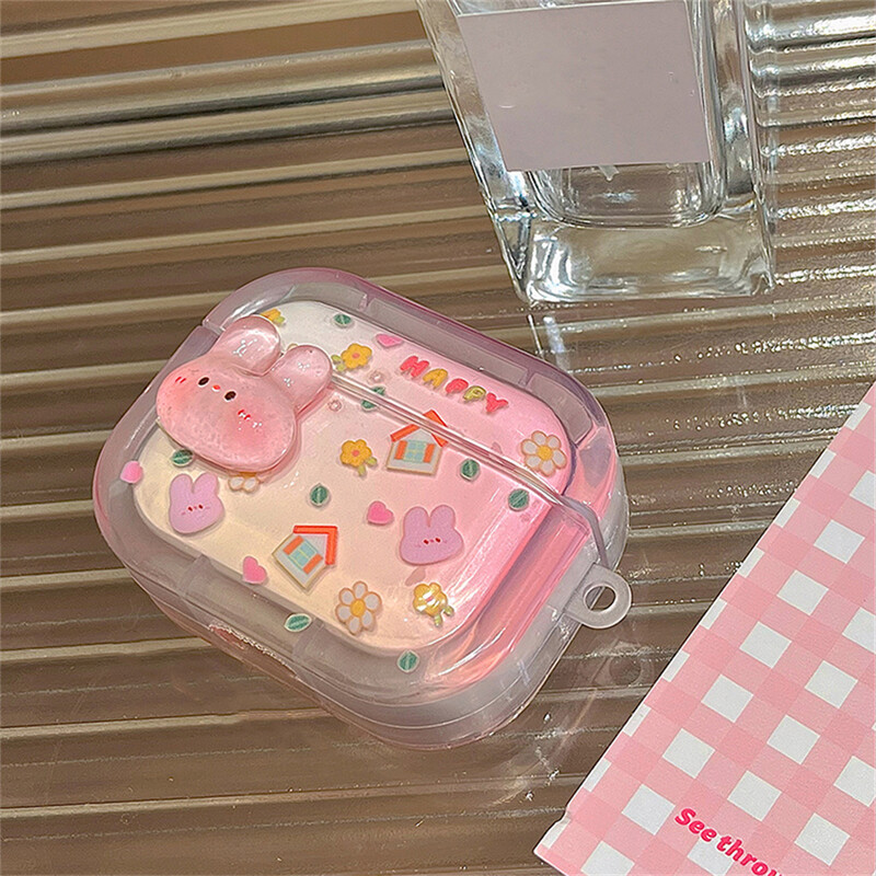 Корейски сладък 3D розов калъф за слушалки с заек за Airpods 1 2 3 с висулка с цветни мъниста Защитен калъф за Airpods Pro 2