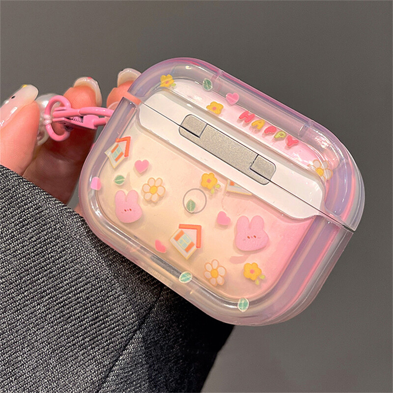 Корейски сладък 3D розов калъф за слушалки с заек за Airpods 1 2 3 с висулка с цветни мъниста Защитен калъф за Airpods Pro 2
