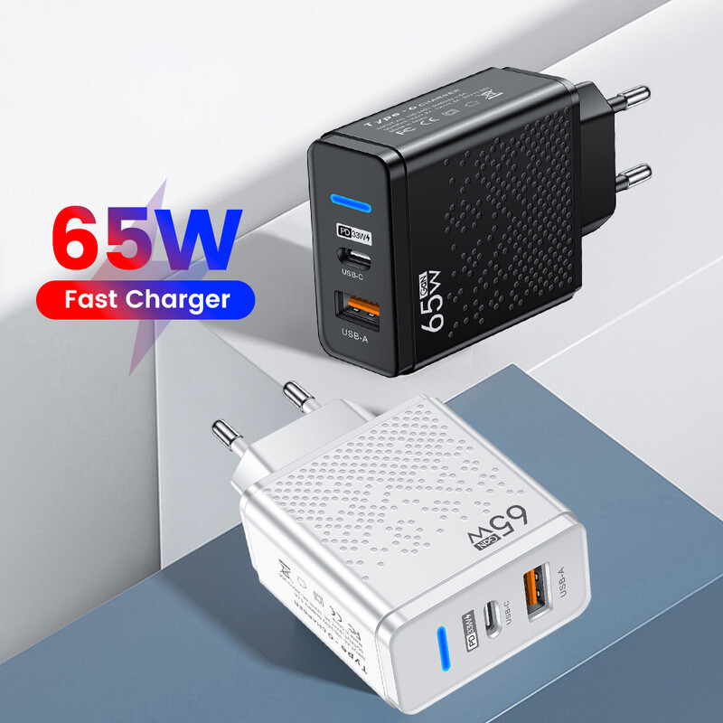 LED 65W USB-A + USB-C greitas PD įkroviklis, skirtas iPhone Samsung Xiaomi Huawei Redmi Honor POCO USB sieninis įkroviklis maitinimo adapteris EU/US/UK