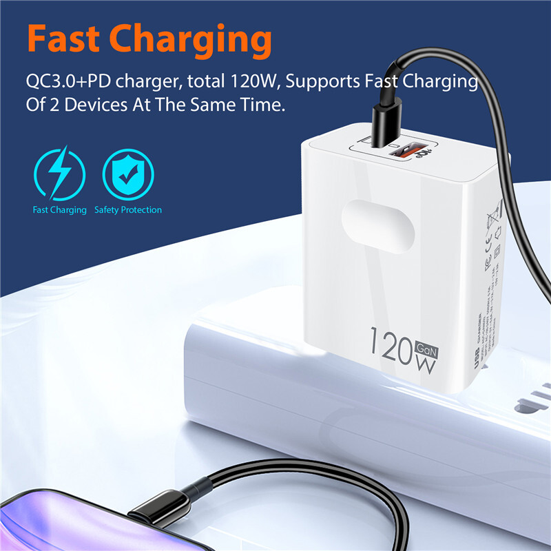Încărcător USB C 120W Gan Super Rapid PD pentru Laptop Tablete iPhone 15 iPad Macbook OPPO Samsung Xiaomi Adaptor de încărcare rapidă USB