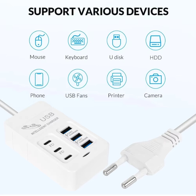 6 U 1 USB punjač 35 W PD tip C punjač za brzo punjenje zidni adapter za telefon brzi punjač 3.0 USB čvorište EU US utikač USB punjač tipa C