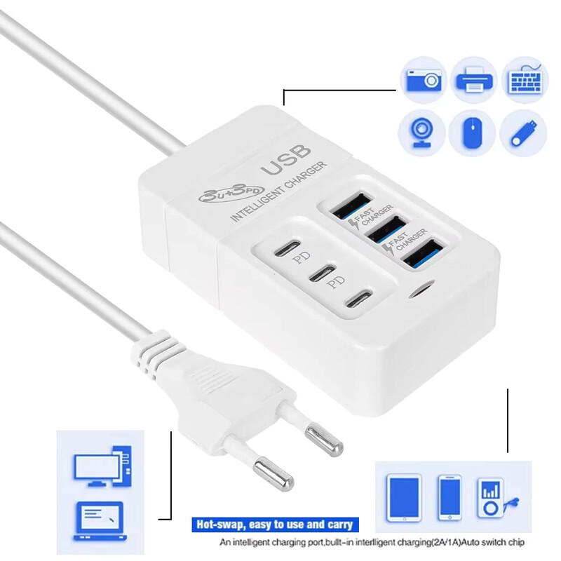6 U 1 USB punjač 35 W PD tip C punjač za brzo punjenje zidni adapter za telefon brzi punjač 3.0 USB čvorište EU US utikač USB punjač tipa C