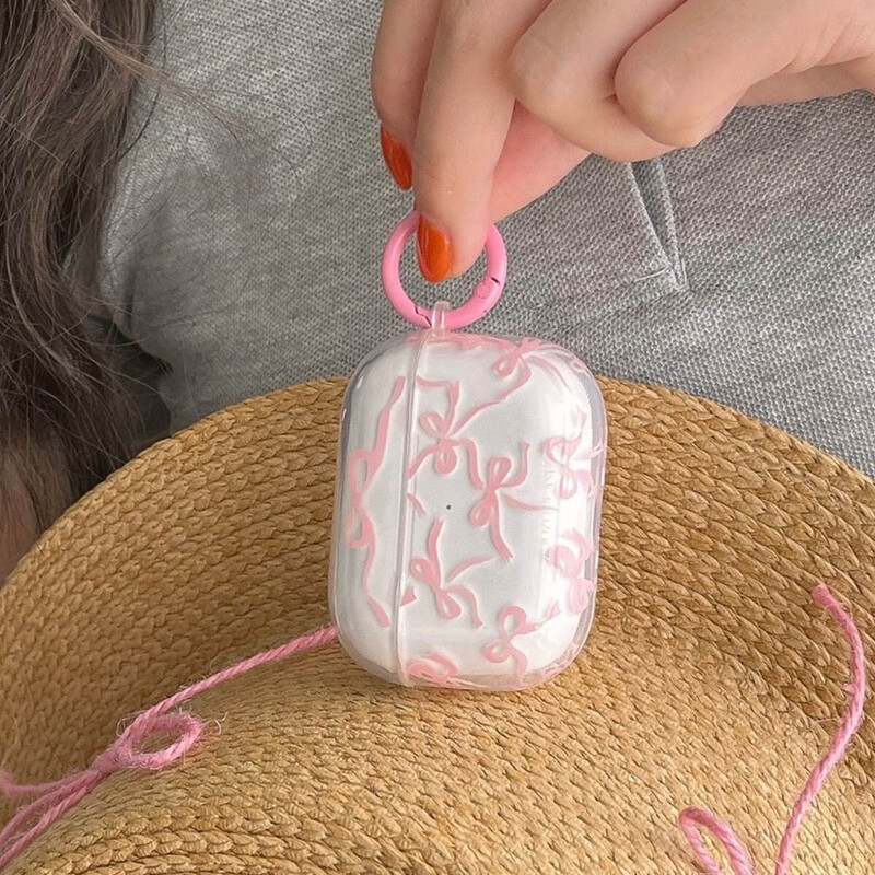 Ružičasta torbica za slušalice s mašnom i čvorom za AirPods 1/2 s privjeskom za ključeve za AirPods Pro2 4. kutija za punjenje Fundas za AirPods 3 Prozirna otporna na udarce